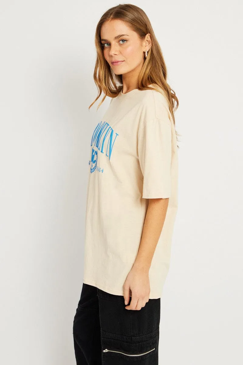 Beige Graphic Tee Short Sleeve Heather Texture Finish Casual Chic
