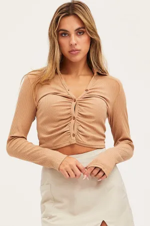 MultiPocket NonIrritating Brown Ruched Top Long Sleeve Collared