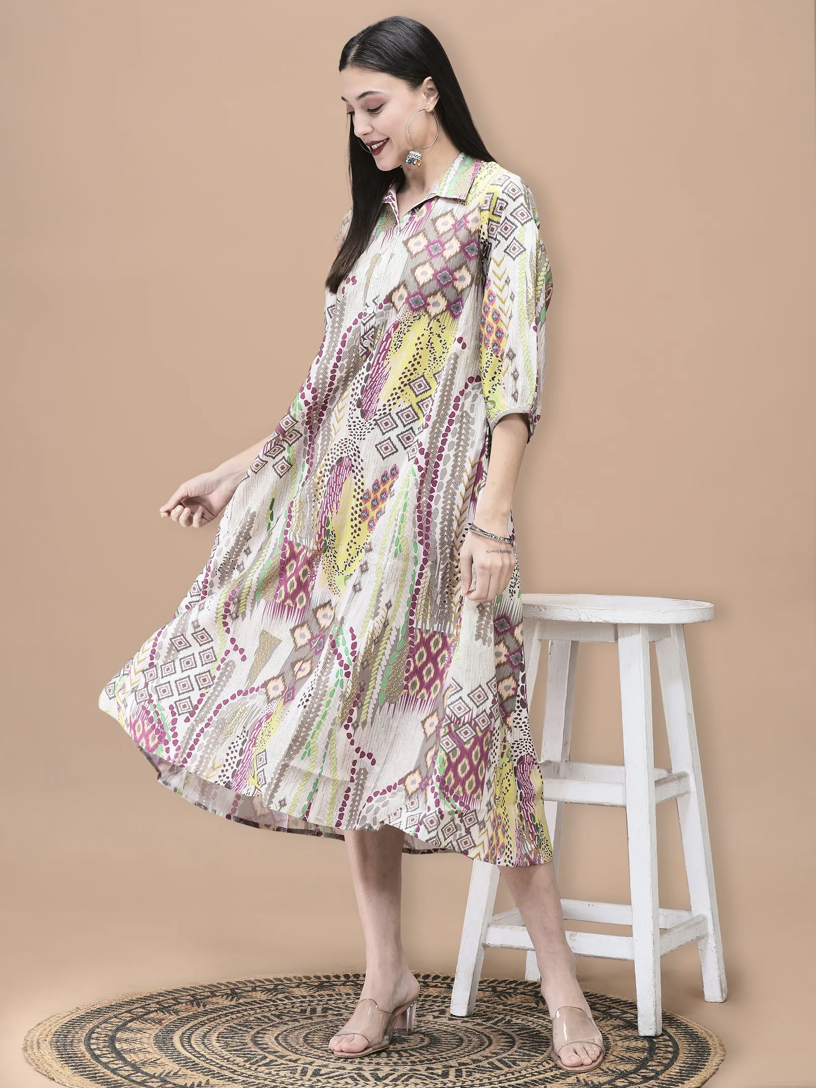 Tagless Design Women Chanderi Grey Ikat Print Dress