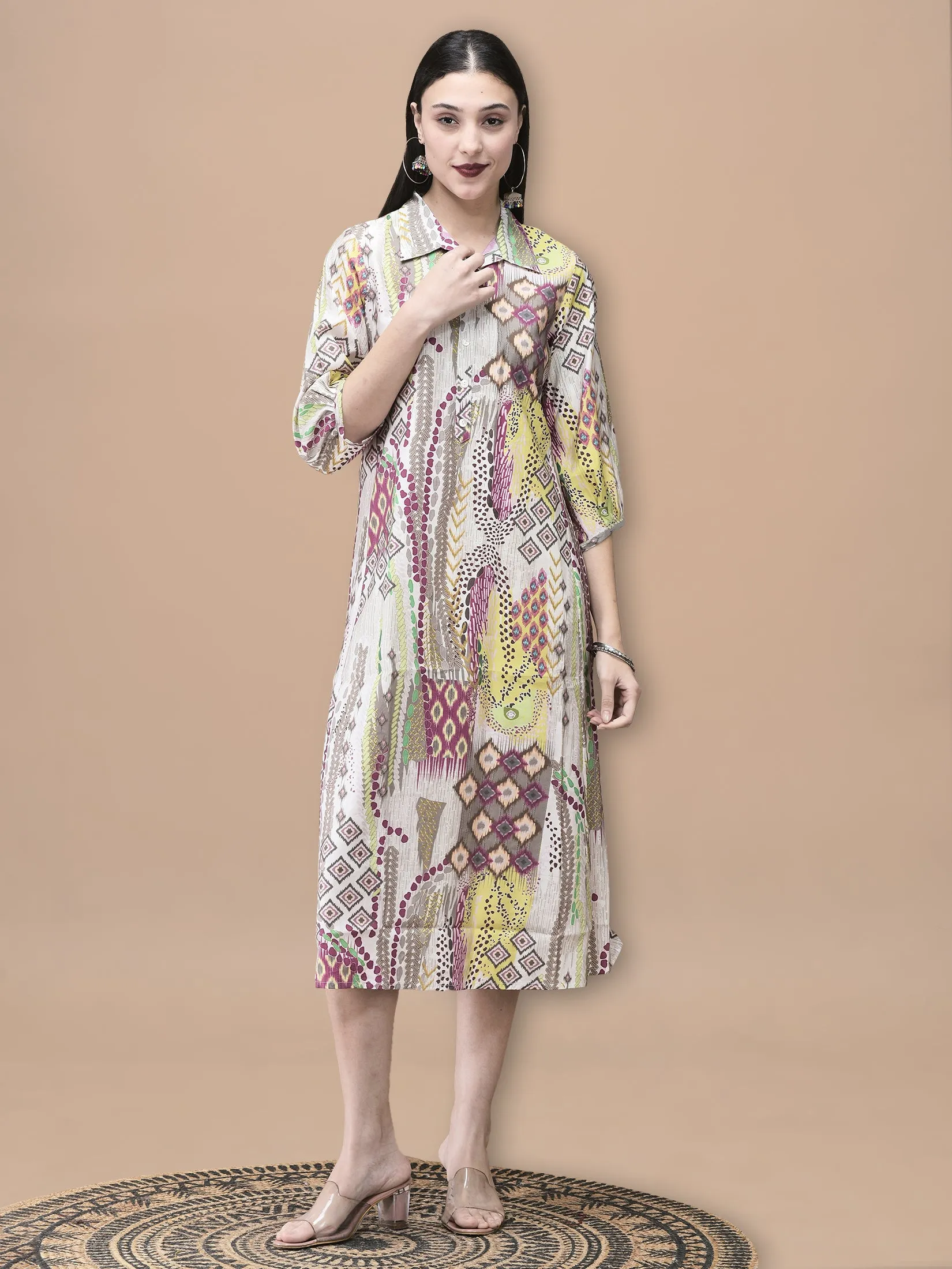 Travel Light Women Chanderi Grey Ikat Print Dress