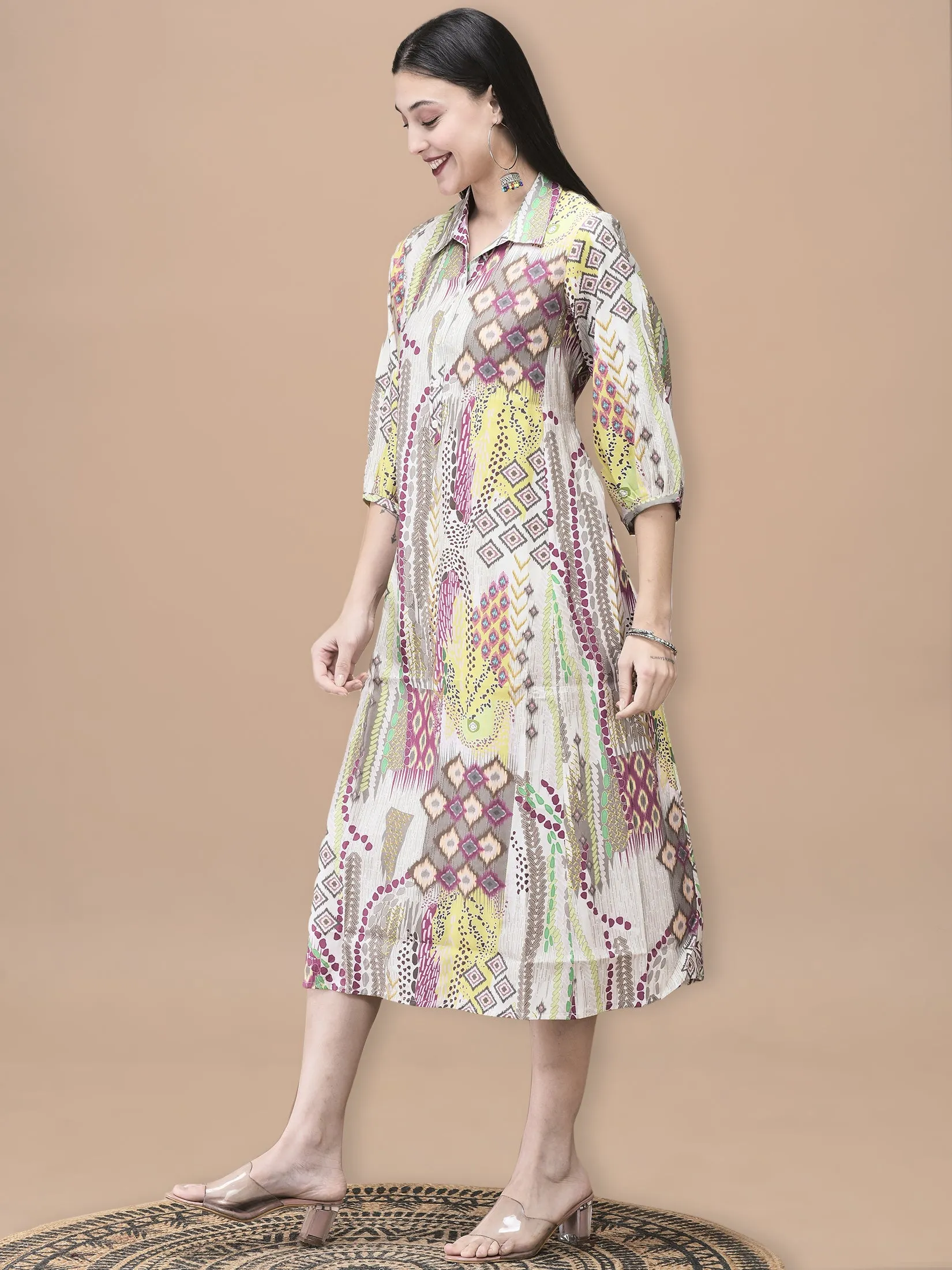 Women Chanderi Grey Ikat Print Dress Effortless Style AbrasionFreeZone