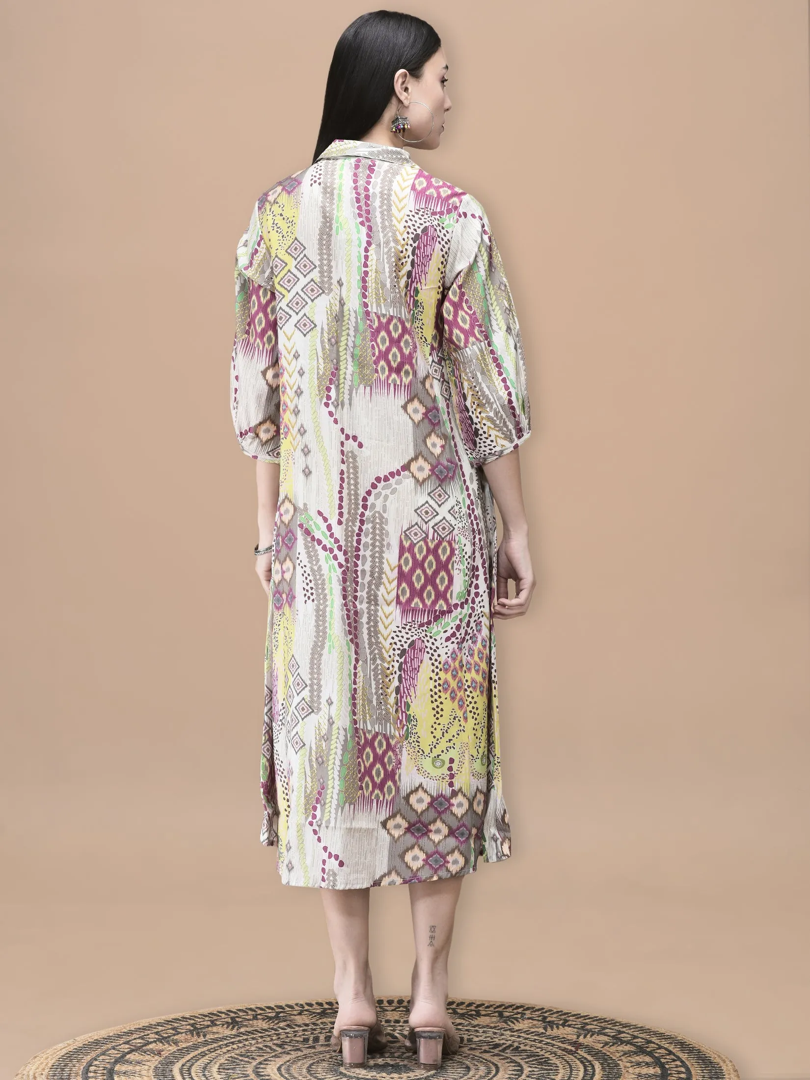Women Chanderi Grey Ikat Print Dress OekoTexCertified