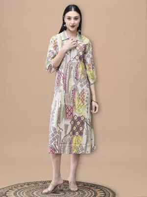 Travel Light Women Chanderi Grey Ikat Print Dress