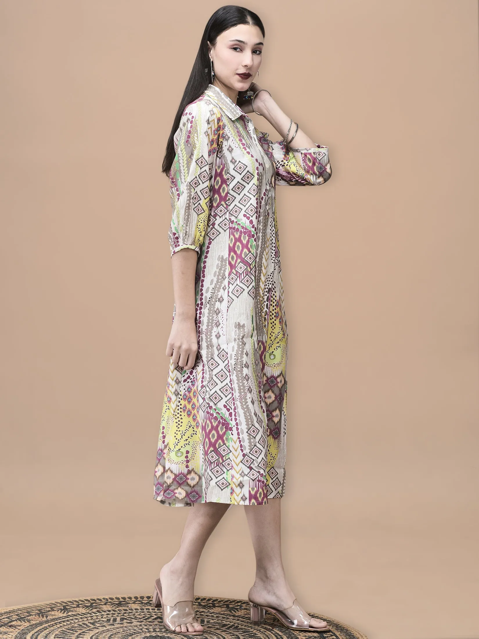 Women Chanderi Grey Ikat Print Dress WrinkleFreeFabric Smart Skirt