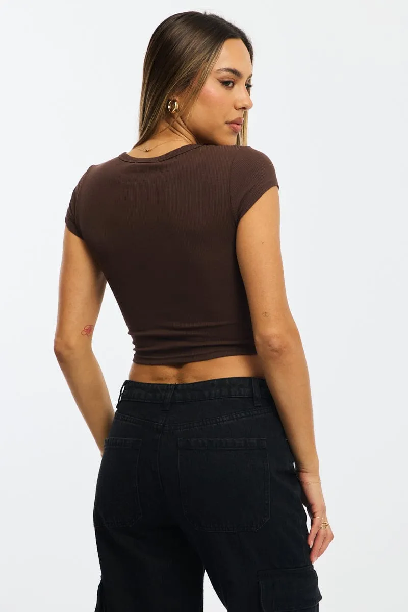 Brown T-shirt Short Sleeve Henley Neck Rib Breathable Stretch Fabric
