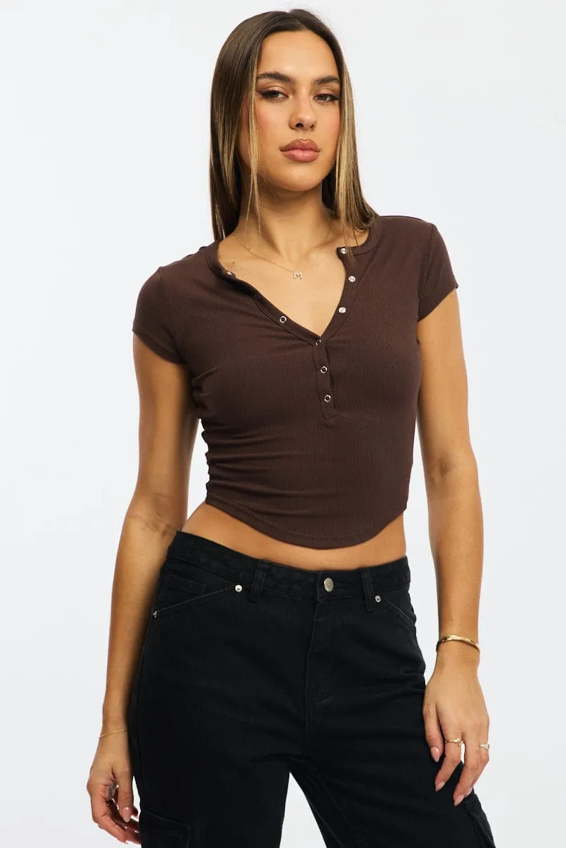 HygroscopicFiber Brown T-shirt Short Sleeve Henley Neck Rib