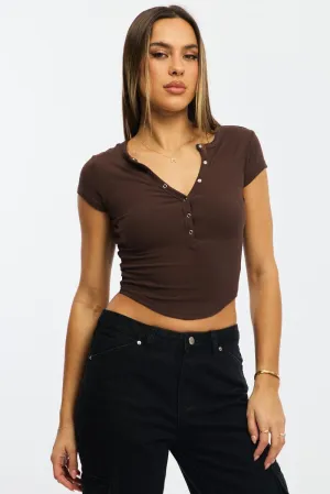 HygroscopicFiber Brown T-shirt Short Sleeve Henley Neck Rib