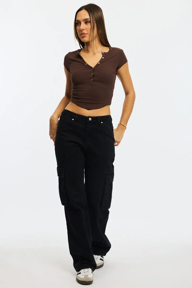 NonIrritating Seams Brown T-shirt Short Sleeve Henley Neck Rib