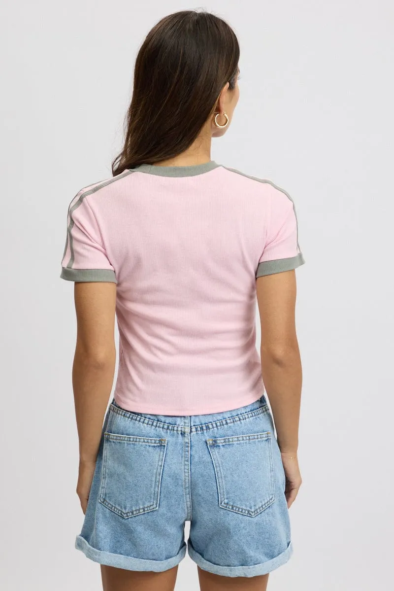 Pink Graphic Tee Short Sleeve Contrast Binding Slim Fit Jeans ShrinkResistant