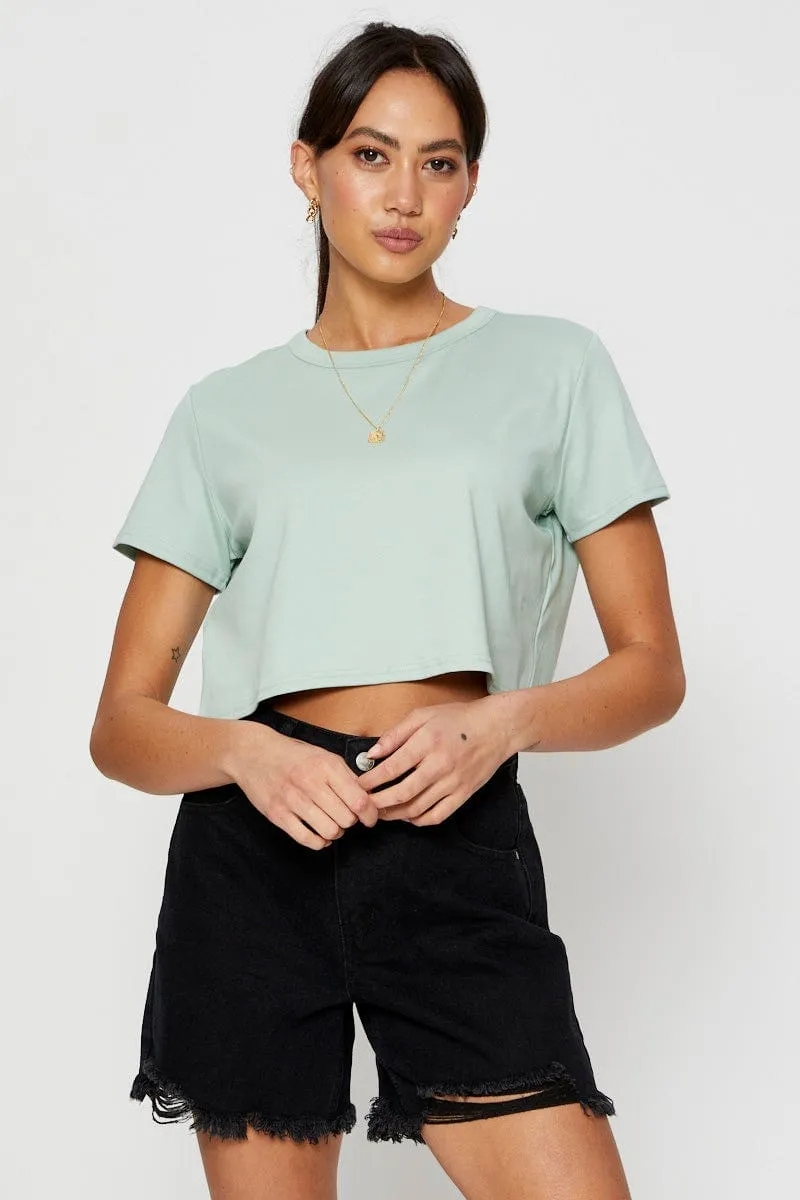 ChafeFree Design Green T Shirt Short Sleeve Crop Crew Neck Cotton
