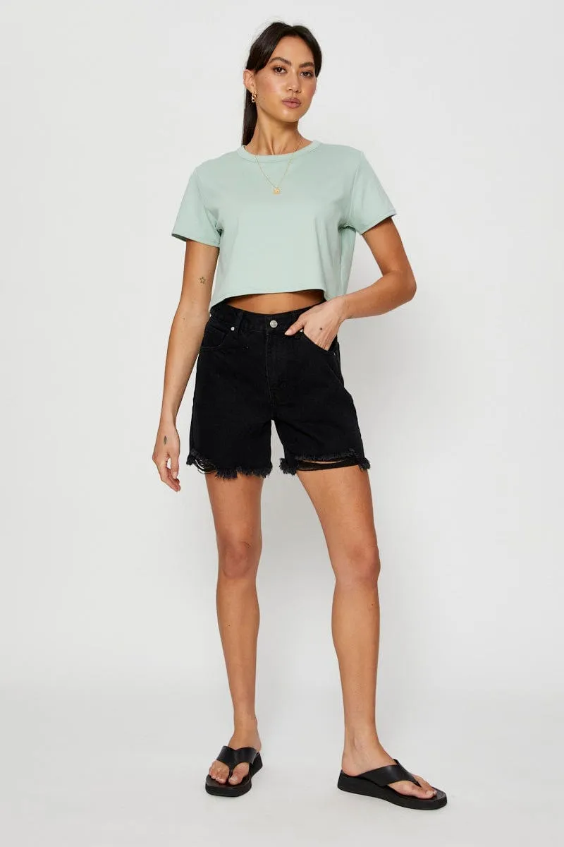Green T Shirt Short Sleeve Crop Crew Neck Cotton Clean Cut