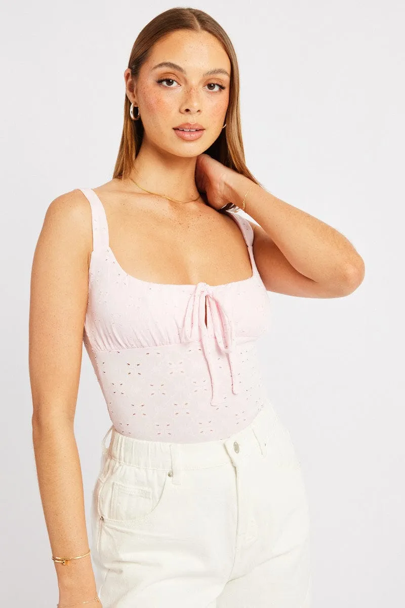 Boho Free Simple Wear Pink Eyelet Bodysuit Singlet