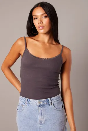 Grey Singlet Top Sleeveless Scoop Neck Lace Trim Practical Leggings Antibacterial Finish