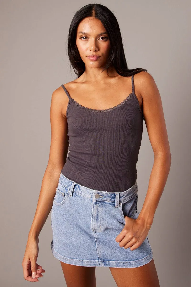 Breezy Fit Soft Blouse Grey Singlet Top Sleeveless Scoop Neck Lace Trim