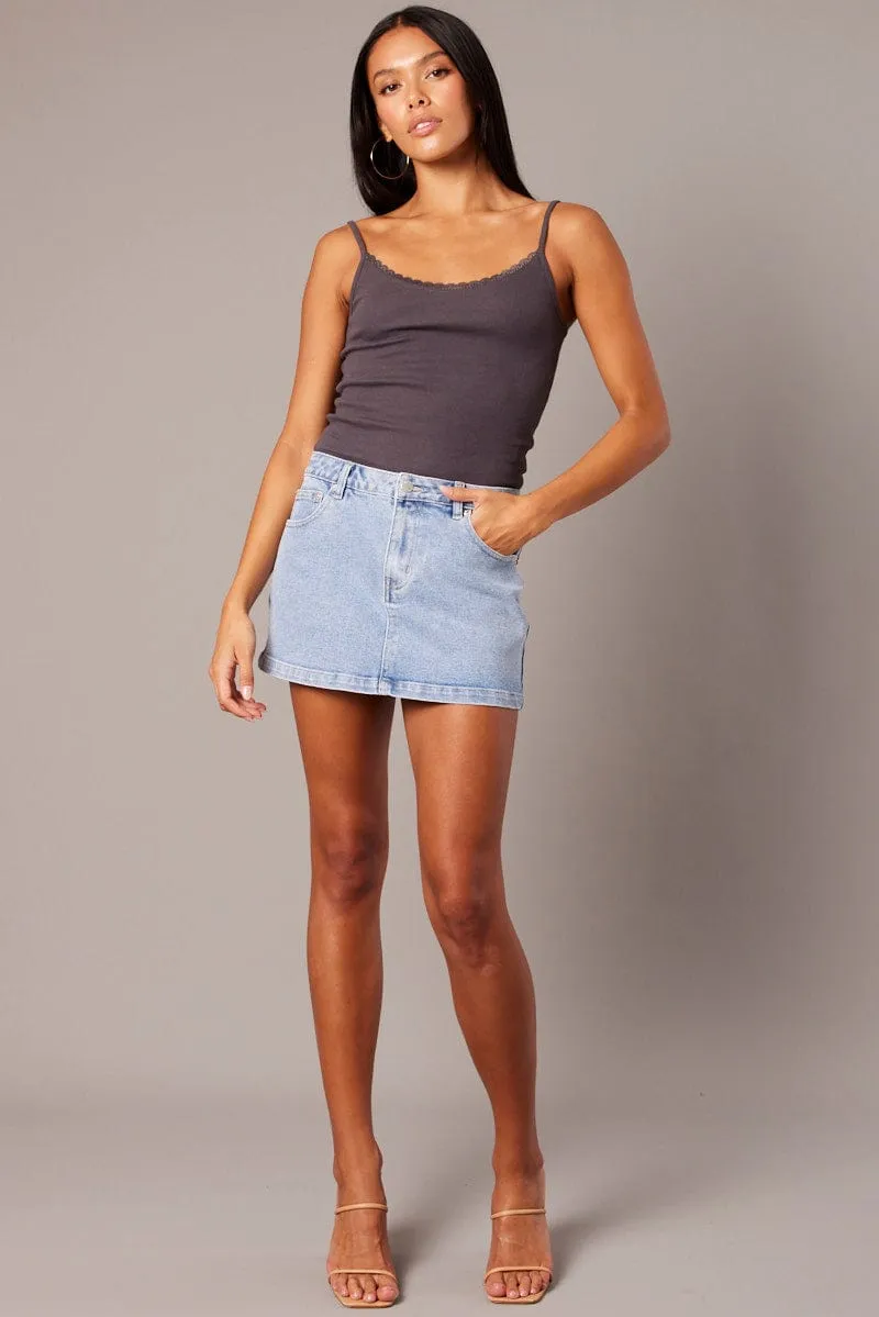 Ergonomic Pattern Grey Singlet Top Sleeveless Scoop Neck Lace Trim