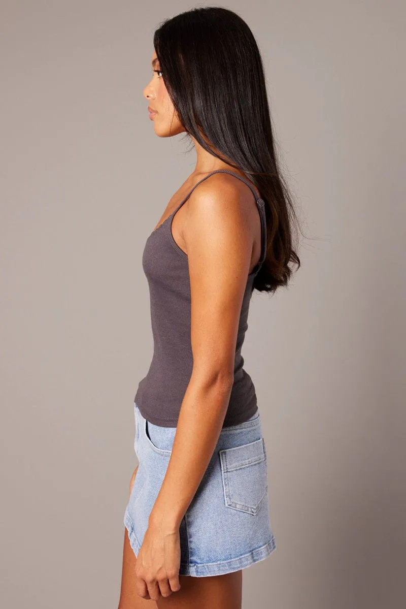 Bride Side Layering Wear Grey Singlet Top Sleeveless Scoop Neck Lace Trim