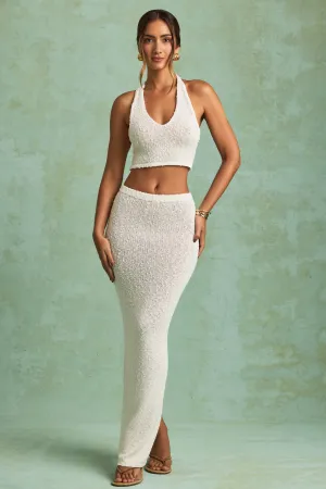 Boucl?? Mid-Rise Maxi Skirt in White Aesthetic Look Knitted Fabric