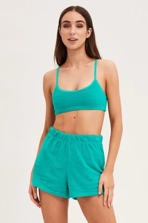 Water resistant coating multiple pockets Green Mini Shorts High Rise Terry