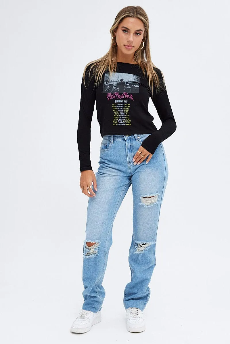 Black Top Long Sleeve Crew Neck Semi-Crop Tour Graphic Seasonal Casual