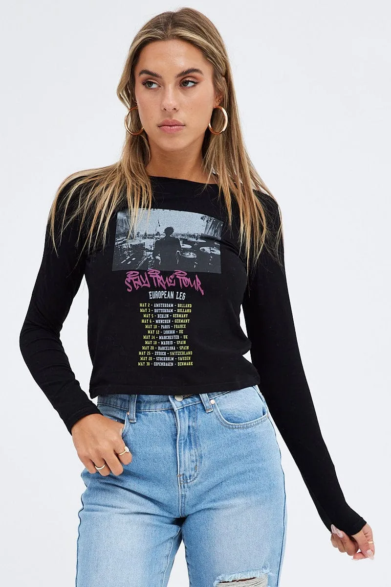 Black Top Long Sleeve Crew Neck Semi-Crop Tour Graphic Travel Friendly Weekend Outfit