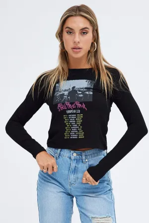 Black Top Long Sleeve Crew Neck Semi-Crop Tour Graphic Active Wearable