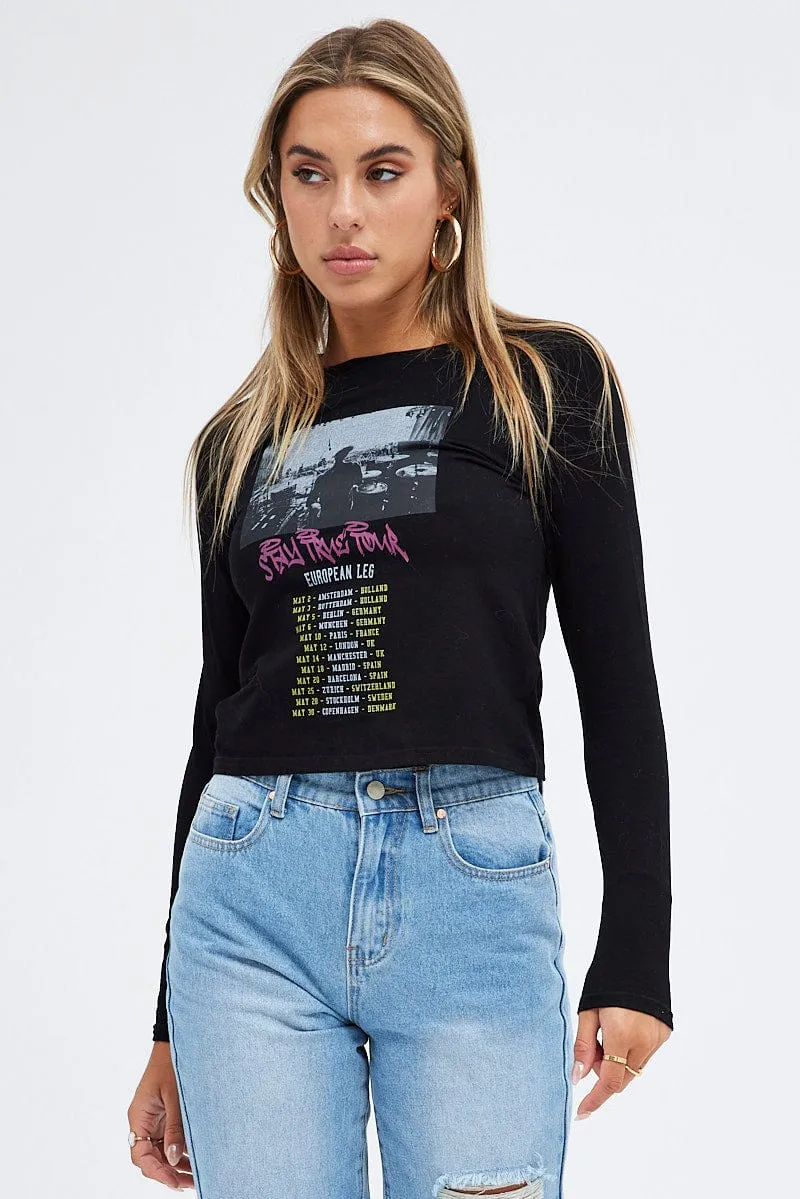 Black Top Long Sleeve Crew Neck Semi-Crop Tour Graphic Fun and Comfortable