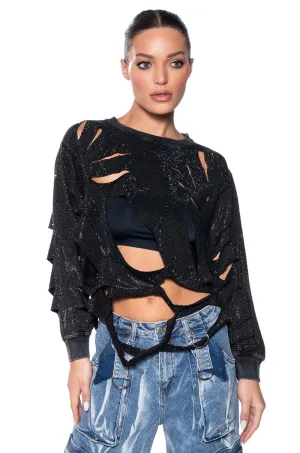 THRASHER RHINESTONE SHREDDED SWEATSHIRT Street Essential Urban Layer