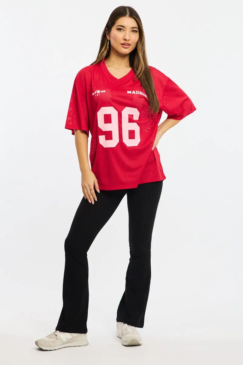 Ribbed Collar Design Streetwear Style Red Sport Tee Short Sleeve