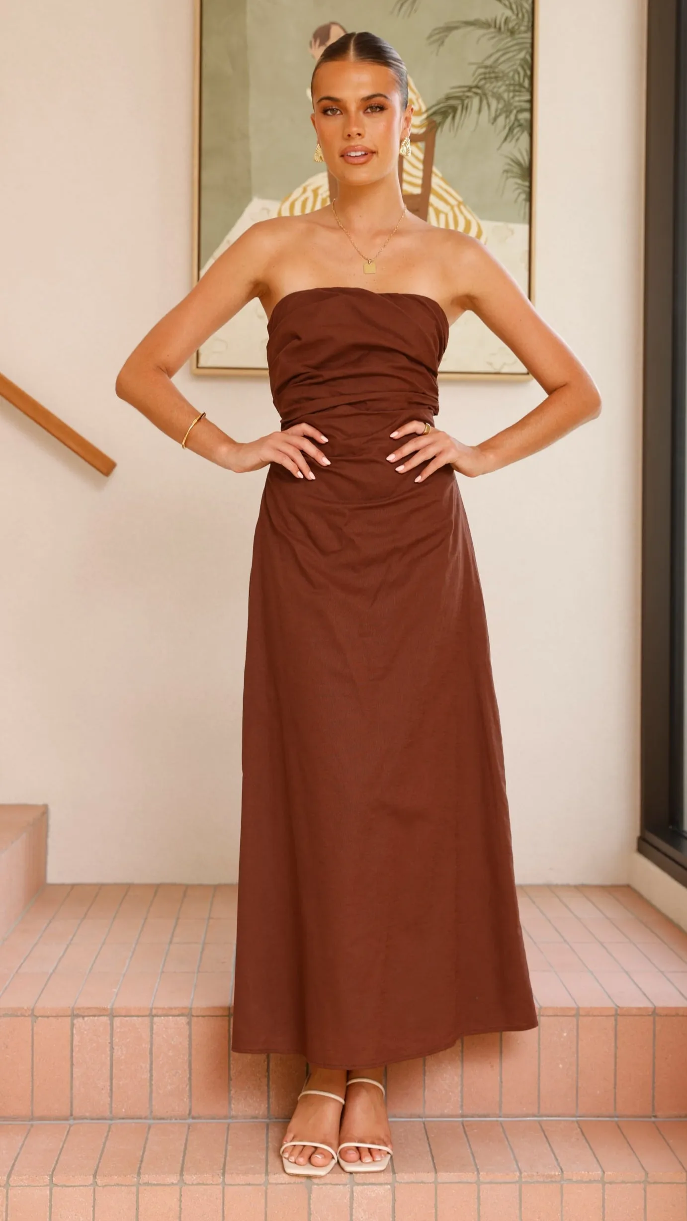 Day to Night Design Relaxed Look Bolivia Strapless Midi Dress - Chocolate