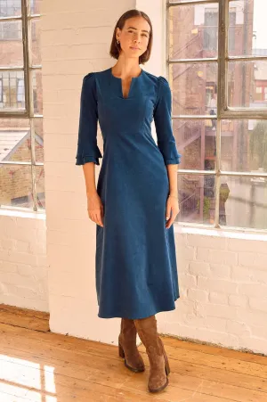 Jocelyn V-Neck 3/4 Sleeve Stretch Corduroy Dress | Peacock Blue Business Meeting