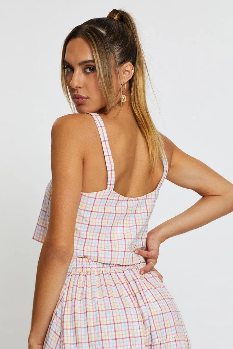 Blue Check Singlet Top Square Neck Linen MultiDirectionalFlex