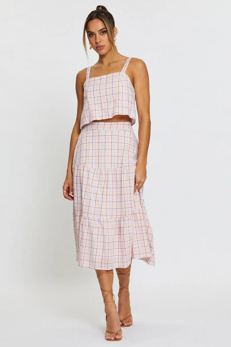 MoistureWicking Technology Blue Check Singlet Top Square Neck Linen