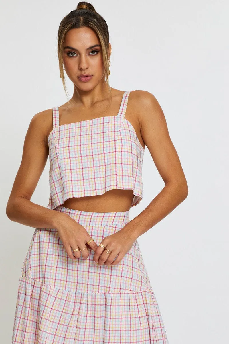 Fearless Mode Spanish Glow Blue Check Singlet Top Square Neck Linen