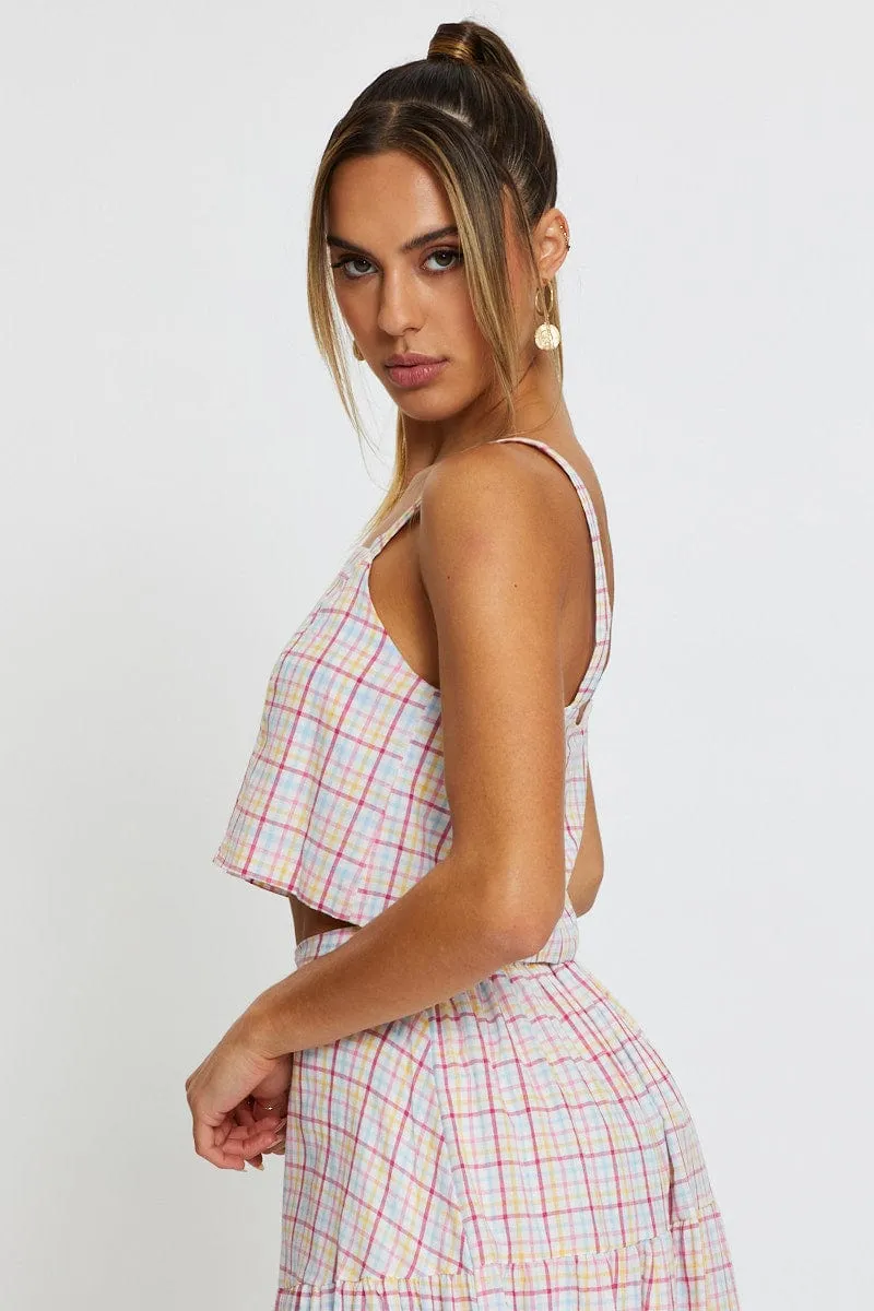 Blue Check Singlet Top Square Neck Linen SustainableYarnBlend Clean Fit