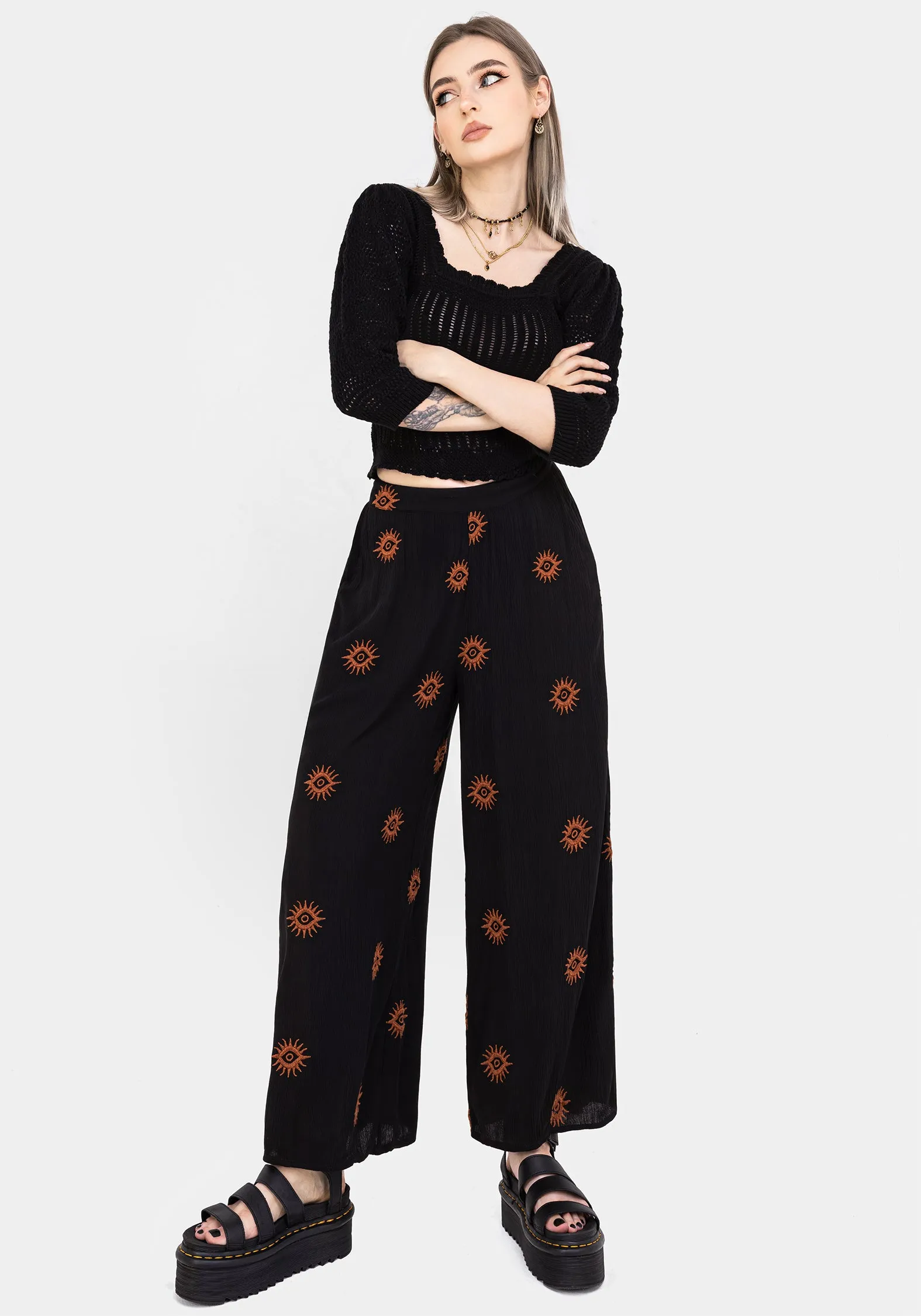 Solstice Embroidered Wide Leg Culotte Functional Look Abrasion Resistant Fabric