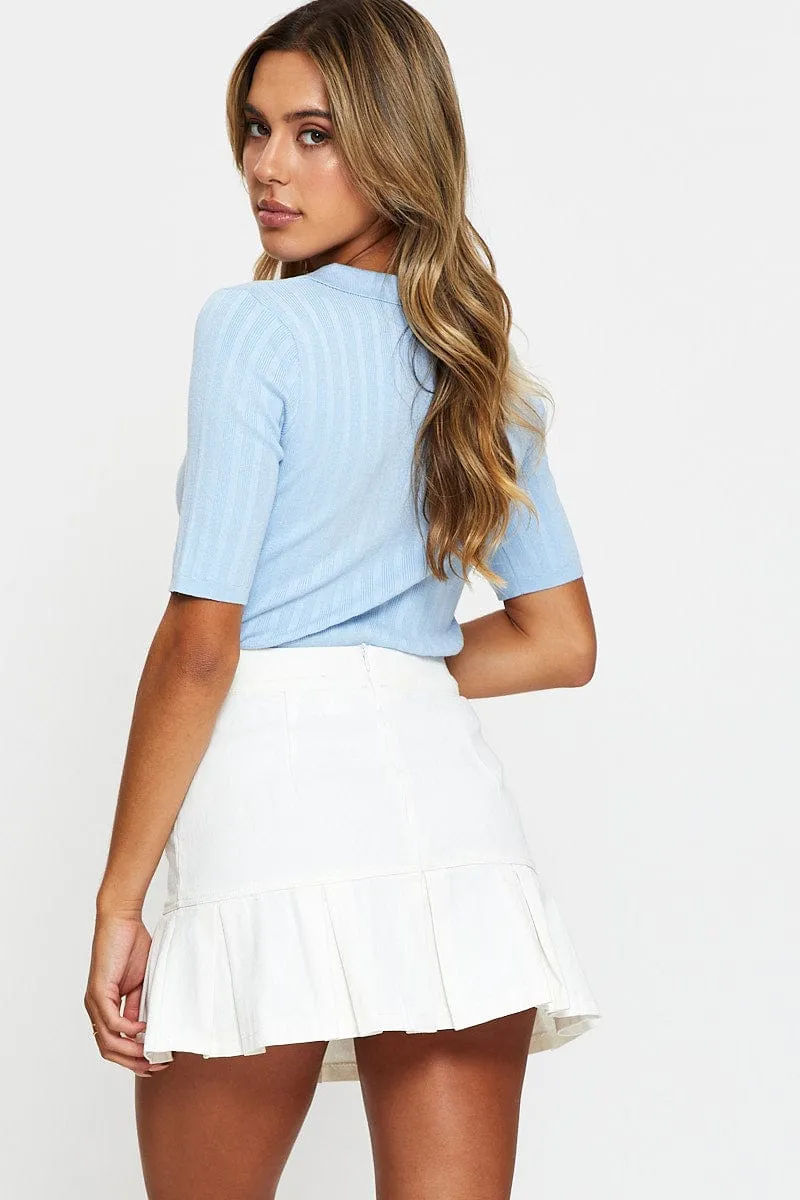 White Pleated Denim Skirt Curvy Fit