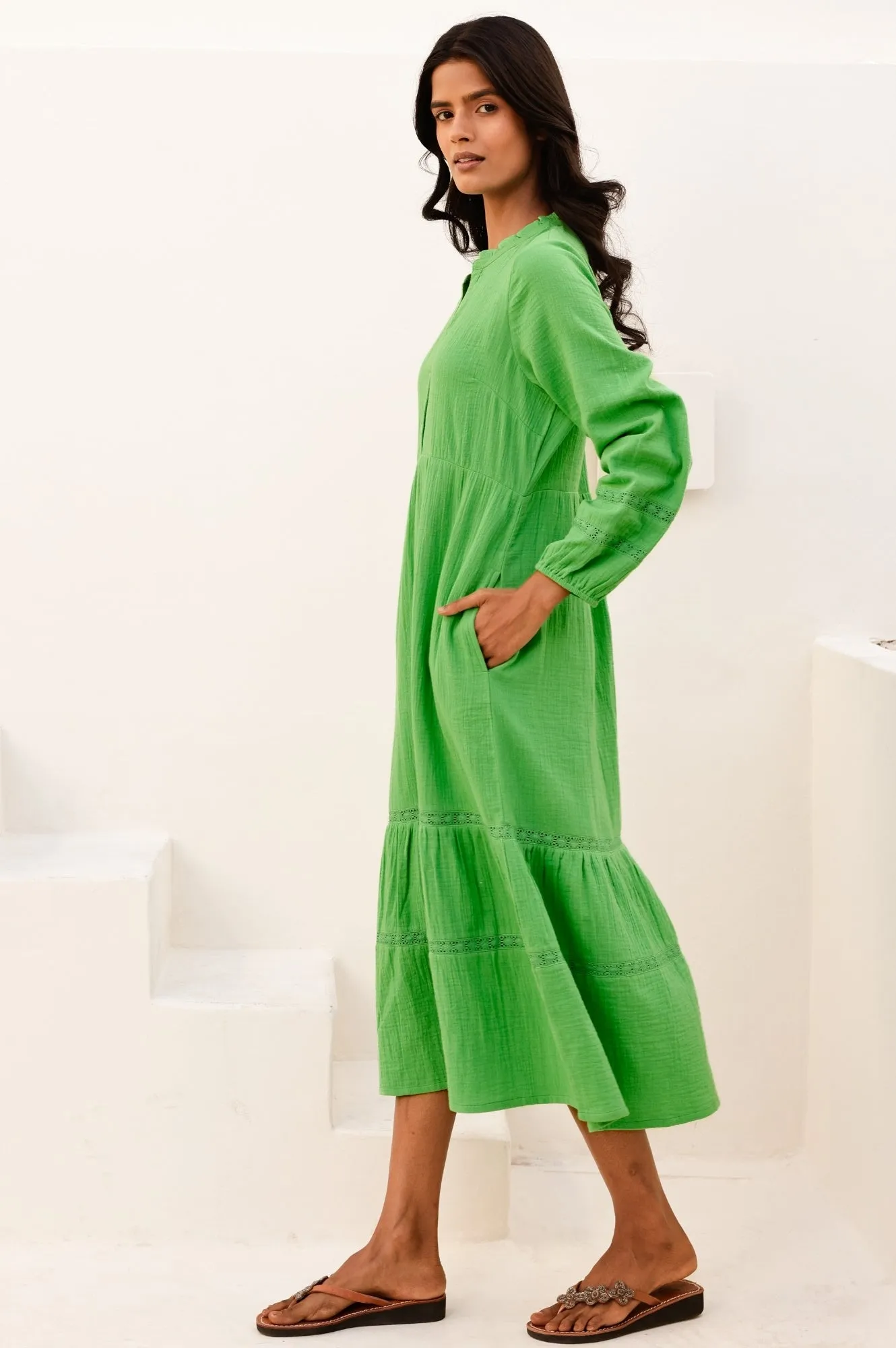 Sadie Organic Cotton Cheesecloth Dress | Green Sunset Glow