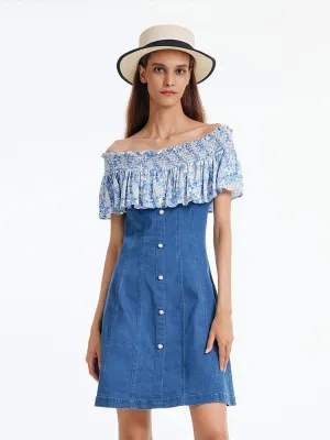 Denim Dress With Patchwork Floral Comfortable day-to-night dress Shiny Tone