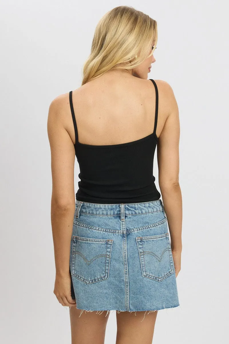 Black Singlet Top Round Neck OrganicCotton Farm Glow