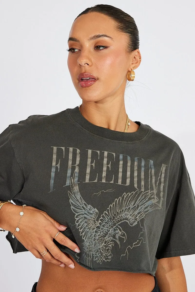 Grey Graphic Tee Short Sleeve Crop Round Neck Seasonal Casual Colorfast Dye