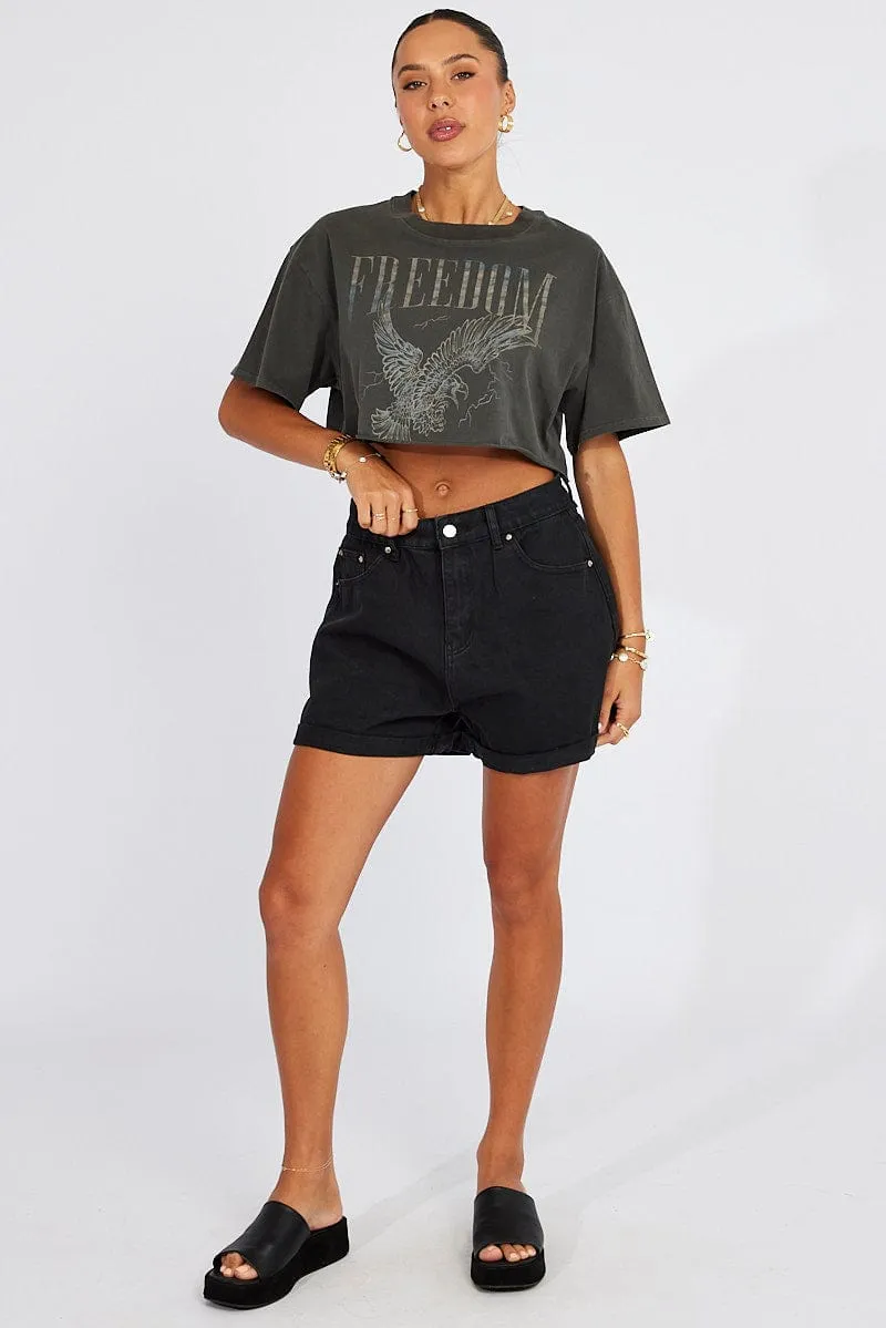 Grey Graphic Tee Short Sleeve Crop Round Neck NoSideSeams