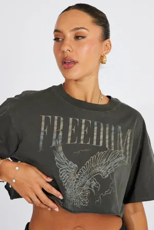 Grey Graphic Tee Short Sleeve Crop Round Neck Seasonal Casual Colorfast Dye