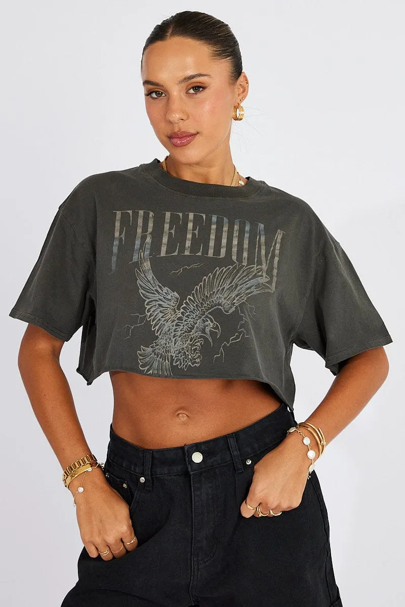 FlexibleKnit Daily Style Trend Grey Graphic Tee Short Sleeve Crop Round Neck