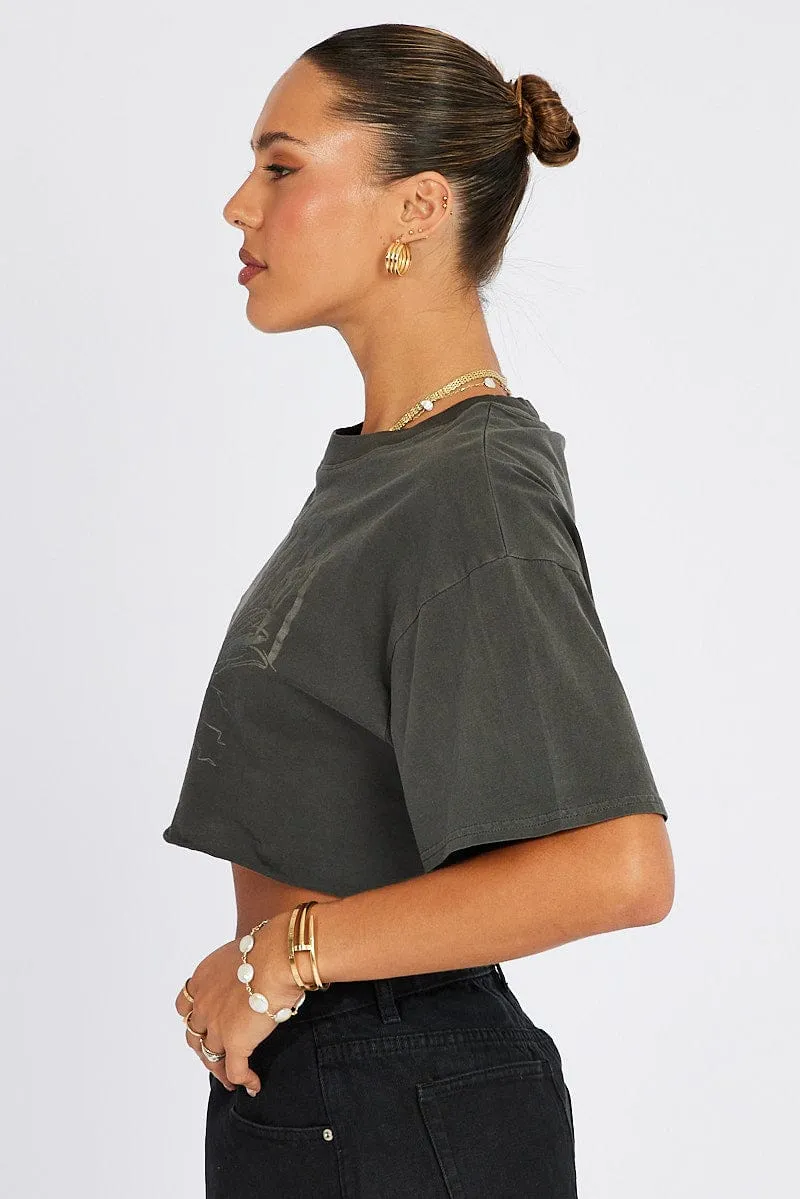 Grey Graphic Tee Short Sleeve Crop Round Neck Timeless Style
