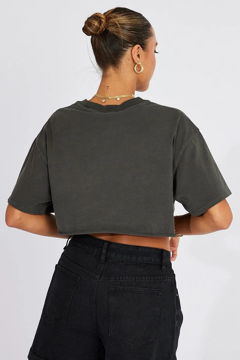 High Density Knit Grey Graphic Tee Short Sleeve Crop Round Neck