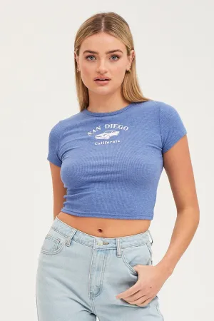 Blue Graphic Top Short Sleeve Seam Free Edging