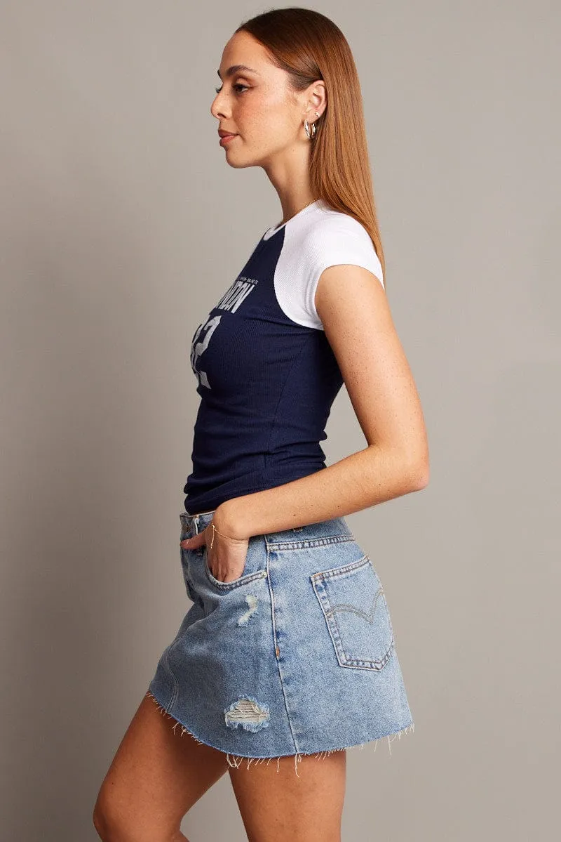 Lightweight Style Holiday Style Trend Blue Graphic Tee Raglan Short Sleeve