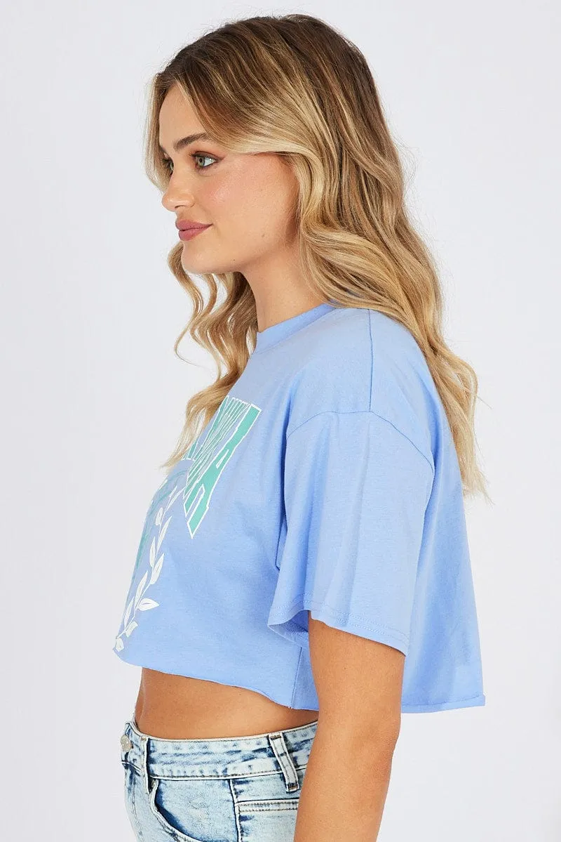 Smart Casual Blue Graphic Tee Santa Monica Varsity Crop T-shirt