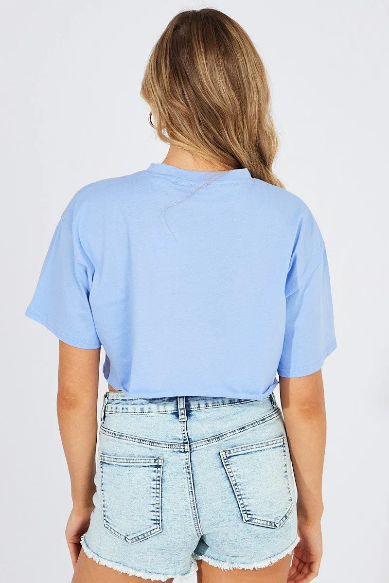 Simple and Light Classic Style Trend Blue Graphic Tee Santa Monica Varsity Crop T-shirt