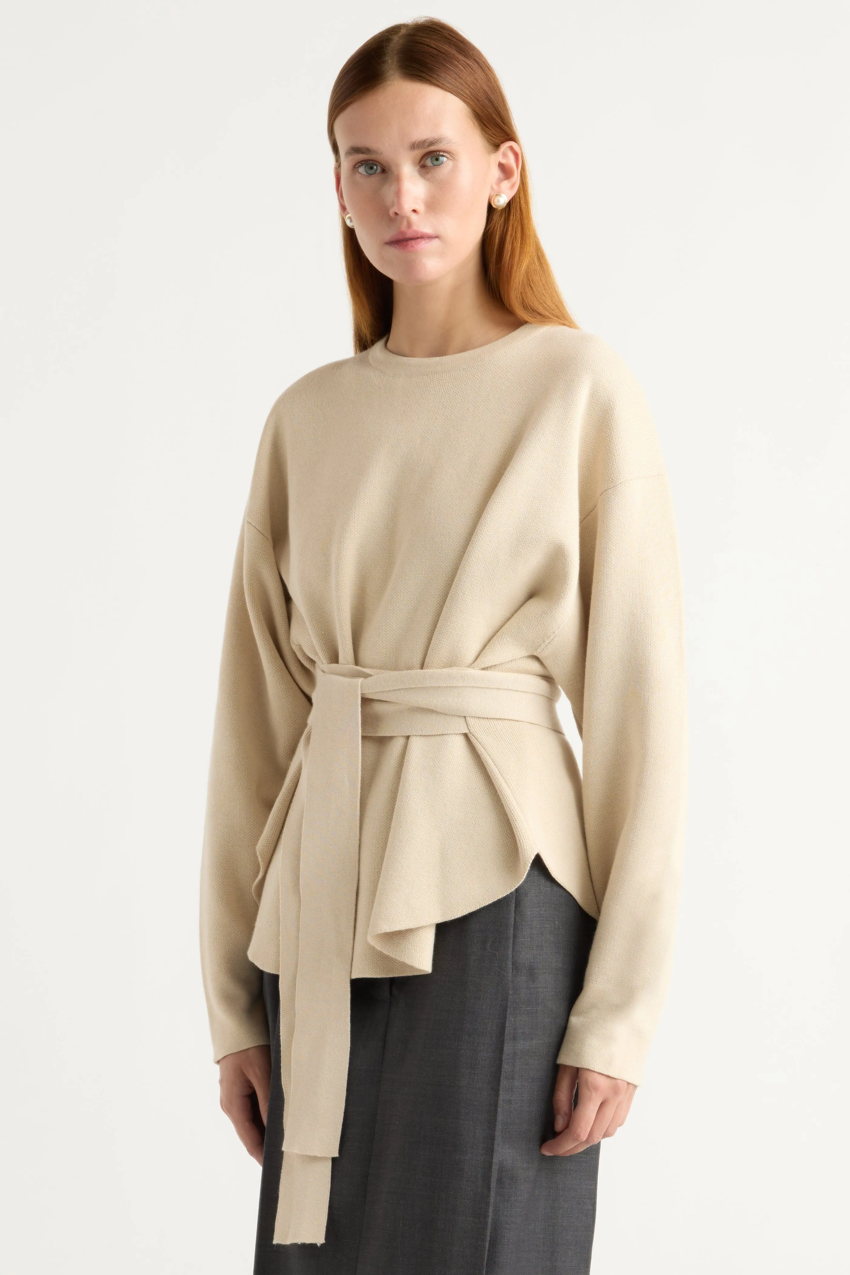 Nara Tie-Front Knit Sweater Cozy Knit Merino Wool